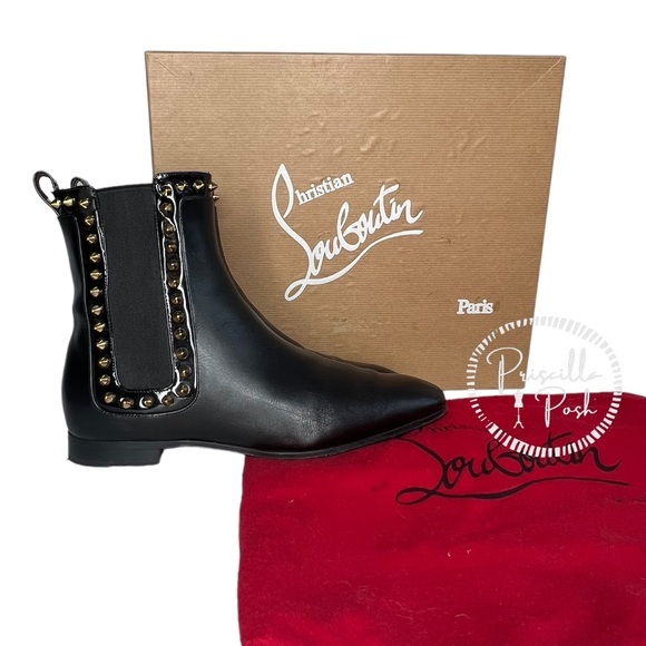 Christian Louboutin Black Leather Studded Red Sole Chelsea Boots Ankle Booties - Picture 13 of 13